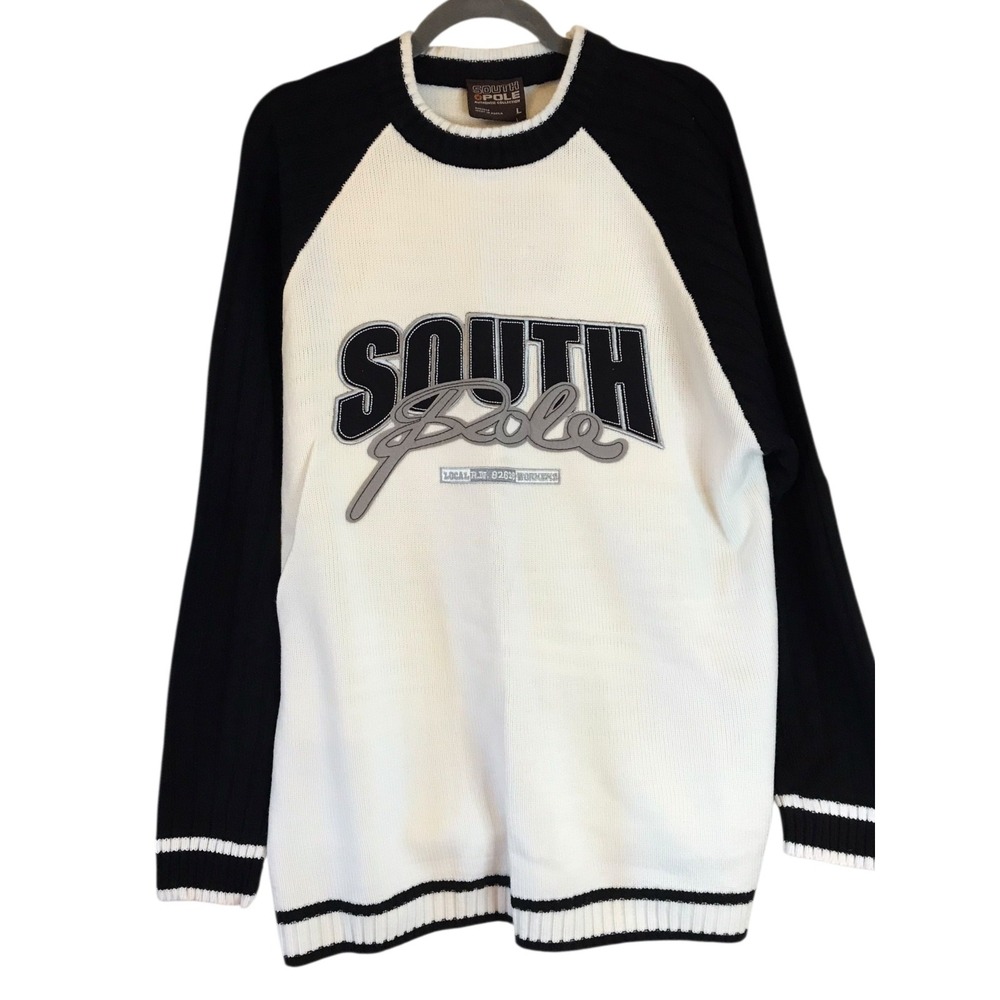 NWT VTG Southpole Men's Crewneck Knit Black White Sweater Embroidered Sz L Y2K